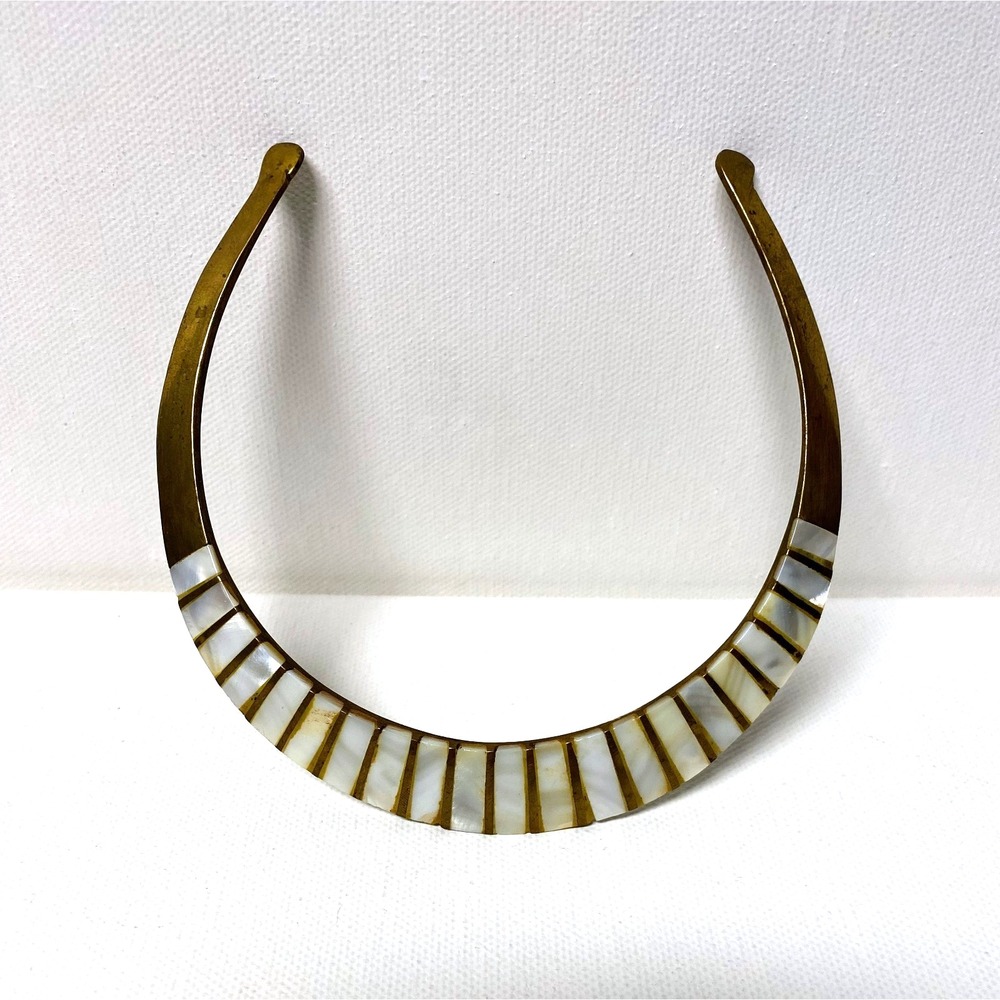 Vintage Mother of Pearl Inlay Brass Choker Collar Necklace